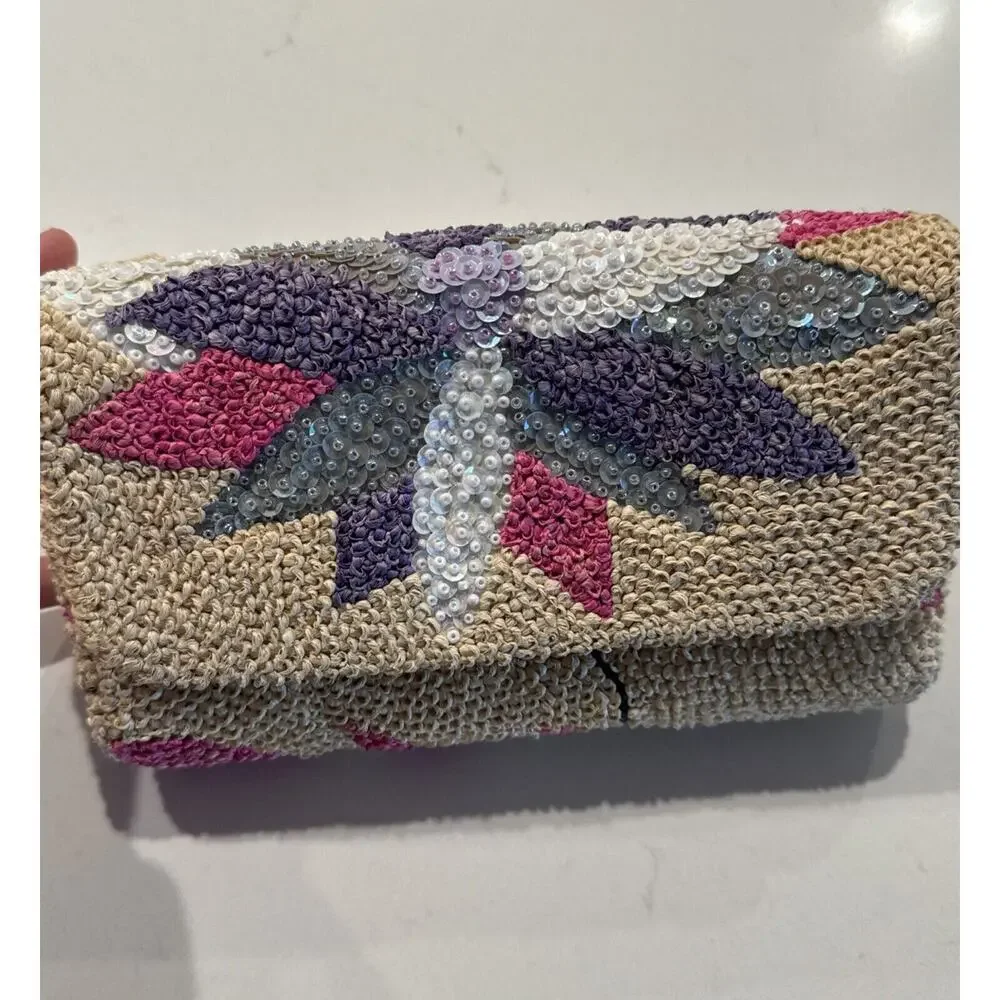 Floral Sequin Rafia Evening Clutch Purse Wedding Prom Vintage‎ Inspired Boho